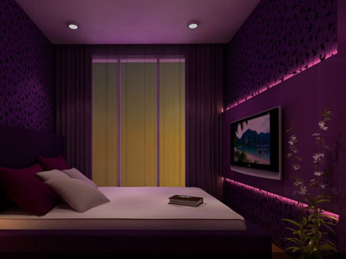 تصميم شيك جداً لاجمل غرفة نوم باللون الموف مع دهانات ورق حائط مودرن وشيك