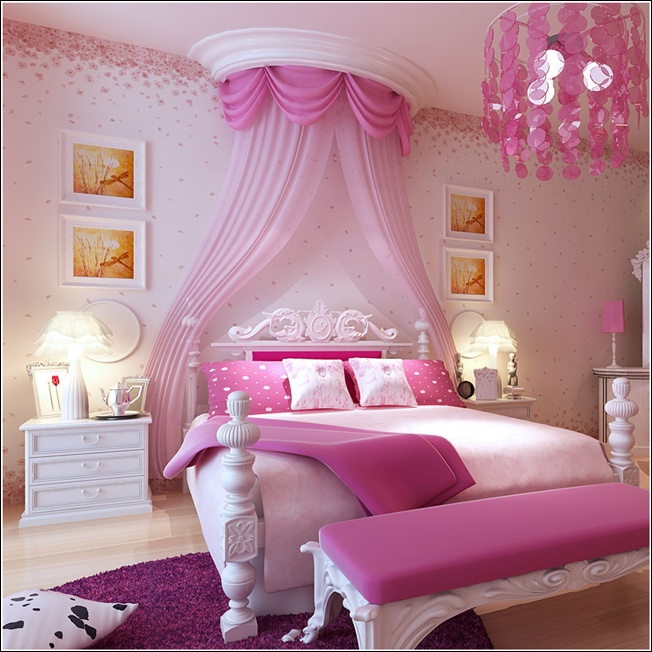 غرفة نوم بتصميم فى منتهى الجمال والشياكة وتتكون من سرير و2 كمودينو فخم جداً وشيك وستارة شيفون رائعة باللون الروز والبينك
