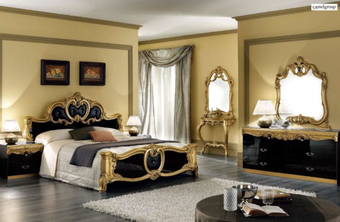 غرفة نوم كلاسيكية شيك جداً باللون الذهبي والاسود