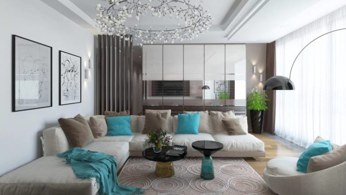 غرفة معيشة باللون الرمادي والتركواز بتصميم عصري جداً 2018