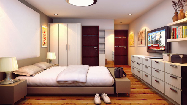 غرفة نوم باللون الابيض والبني بتصميم جميل وبسيط